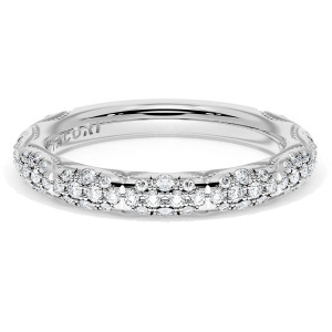 Tacori 4063B34W white gold diamond band, top view of scalloped pave diamond clusters outlined in milgrain