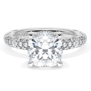 4063CU834W ring, top view of cushion cut center on a milgrain edged pave diamond band in white metal