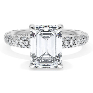 4063EC95X734W top view, emerald cut center stone on a domed pave diamond band with milgrain crescents