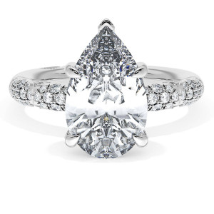 4063PS13X812W ring, top view of pear shaped center with milgrain pave clusters on the band