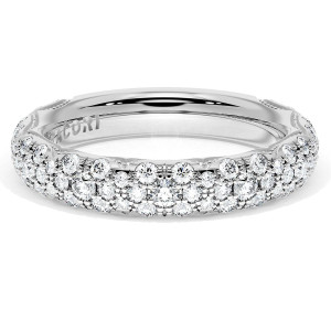 Wedding band 4064B34 Platinum top view showing three rows of pave diamonds with milgrain crescent edges