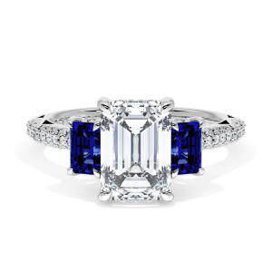 40727EC85X6BS Platinum top view, emerald cut center stone flanked by two step cut blue sapphires on a pave band