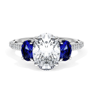 40727OV95X7BS Platinum top view, oval center with oval blue sapphire side stones on a pave white metal band