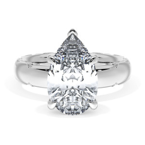 4144PS13X8 Platinum top view, pear shaped center stone with hidden diamond collar on a polished platinum band