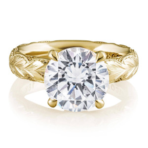 4144RD10YWE top view, round brilliant center on a hand engraved yellow gold band
