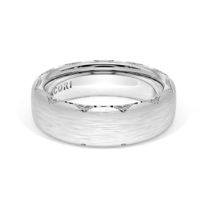 Tacori wedding band 4146BB Platinum angled top view showing brushed dome with milgrain crescent edges