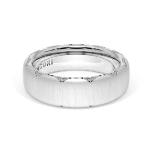 4146BS Platinum wedding band top view, brushed platinum dome with milgrain crescent edges