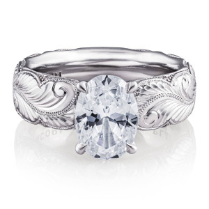 4146OV95X7SE top view, oval center on a wide hand engraved band with feather scroll motifs