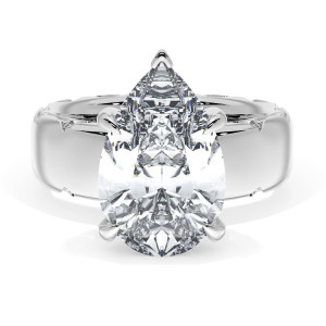4146PS14X9 Platinum top view, pear shaped center with v prong on a wide polished platinum band