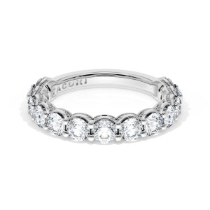 Tacori 4156534 Platinum band top view of shared prong round diamonds with milgrain arcs beneath the row