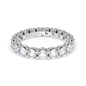 41565 Platinum eternity band, top view of shared-prong round diamonds with milgrain scallops
