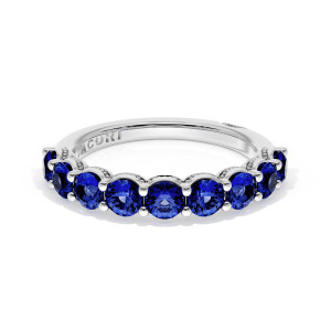 Tacori 41565BS12 Platinum band, front view of round blue sapphires prong set half way around in platinum