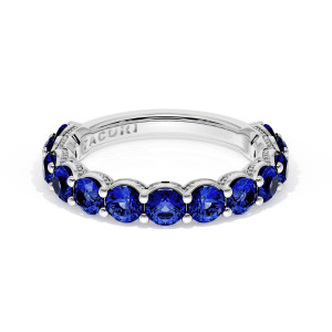Tacori wedding band 41565BS34 Platinum top view showing prong set round blue sapphires with milgrain arcs