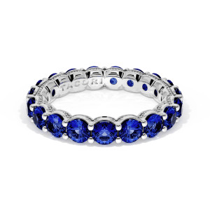 41565BS Platinum eternity band, front view of round blue sapphires in shared prongs with milgrain