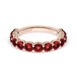Tacori 415PK65RB34 rose gold ruby band, elevated view of round red rubies in shared prongs with milgrain crescents