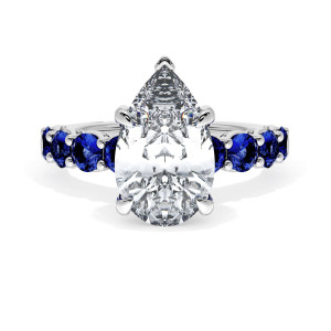 Tacori 415PS13X8BS Platinum ring, top view of pear shaped center with round blue sapphires along the band