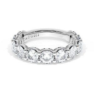 Tacori 4166534 Platinum diamond band, elevated view of large round diamonds in shared prongs with milgrain crescents
