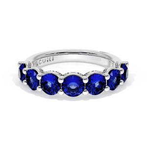 41665BS12 Platinum wedding band top view, round blue sapphires in shared prongs on platinum