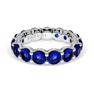 Tacori 41665BS Platinum eternity band angled top view, round blue sapphires shared prong set all around