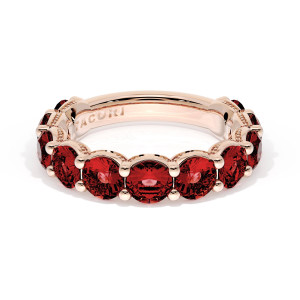Tacori 416PK65RB34 rose gold band top view, round red rubies with beaded milgrain arcs