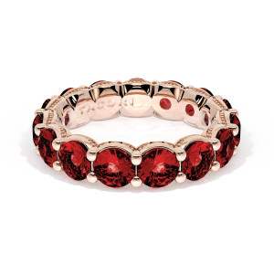 416PK65RB rose gold eternity band, top view of round rubies circling the band