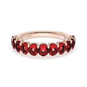 Wedding band 417PK65RB12 top view showing oval rubies in rose gold with milgrain arches
