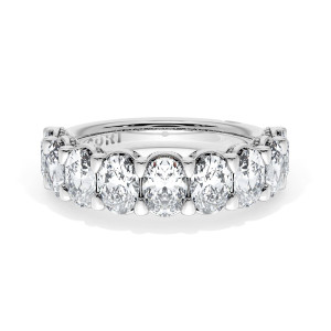 4186512 Platinum band, front view of oval diamonds set east west with milgrain crescent collars