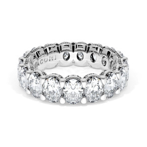 Tacori 41865 Platinum eternity band top view, upright oval diamonds circling the full ring with milgrain edges