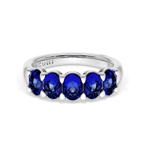 41865BS14 Platinum band, top view of five oval blue sapphires in claw prongs