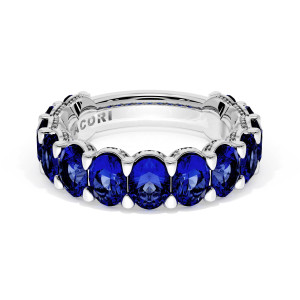 41865BS34 Platinum wedding band top view, oval blue sapphires with milgrain ribbon in platinum
