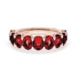 Tacori 418PK65RB12 rose gold band, top view of oval rubies in shared prongs across the face