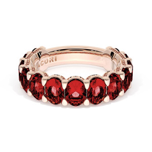 Tacori 418PK65RB34 band top view of oval rubies in shared prongs on rose gold with milgrain rails