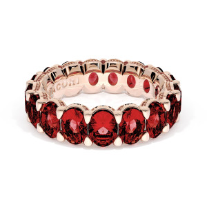 Tacori 418PK65RB rose gold eternity band, top view of oval red rubies in shared prong settings