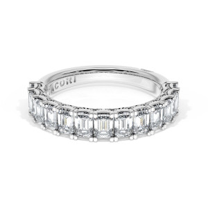 Tacori 4196512 Platinum band, front view of emerald cut diamonds prong set half way around in platinum