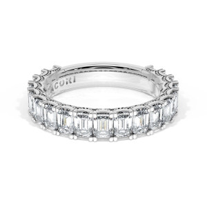 Tacori wedding band 4196534 Platinum angled top view showing emerald cut diamond row with milgrain crescents