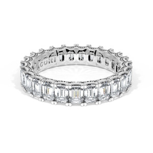 41965 Platinum eternity band, front view of emerald cut diamonds with milgrain scalloped rails