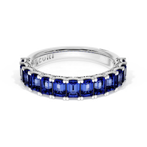 41965BS12 Platinum wedding band, angled top view showing row of emerald cut blue sapphires