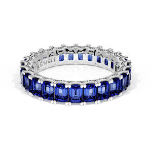 41965BS Platinum eternity band, angled view of emerald cut blue sapphires all around