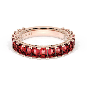 Tacori 419PK65RB34 band, front view of emerald cut rubies in rose gold with milgrain scallop rail and TACORI inside