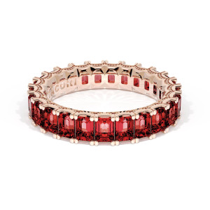 Tacori wedding band 419PK65RB angled top view showing emerald cut ruby eternity row in rose gold