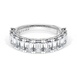 4206512 Platinum wedding band, top view showing a row of emerald cut diamonds in shared prongs