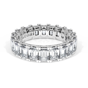 42065 Platinum wedding band, angled top view showing the full row of emerald cut diamonds