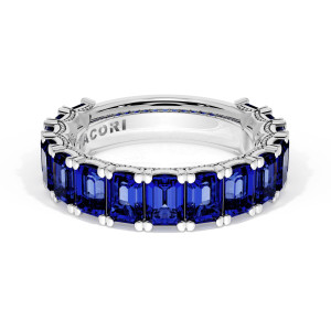 420W65BS34 white gold band, front view of emerald cut blue sapphires with milgrain scalloped rails