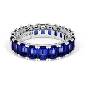 Tacori wedding band 42065BS Platinum angled top view showing emerald cut blue sapphire eternity row