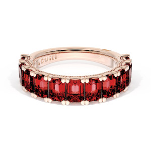 Tacori 420PK65RB12 band top view of emerald cut rubies in paired bead prongs on rose gold