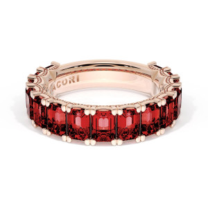 Wedding band 420PK65RB34 top view showing emerald cut rubies in rose gold with milgrain ribbon