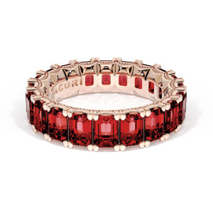 Tacori 420PK65RB eternity band, angled view of emerald cut rubies set full circle in rose gold