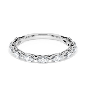 42225B34 Platinum band, top view of east-west marquise diamonds with milgrain rails