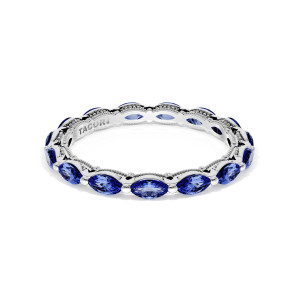 Tacori 42225BETBS Platinum sapphire eternity band, elevated view of east west marquise blue sapphires full circle