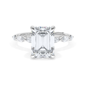 42225EC95X7W top view of white gold emerald cut ring with marquise diamond shoulders
